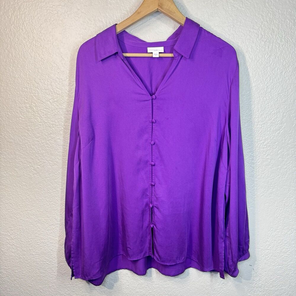 J Jill Blouse Purple Modal Silky Button Front Long Sleeve Flowy Artsy Women XL